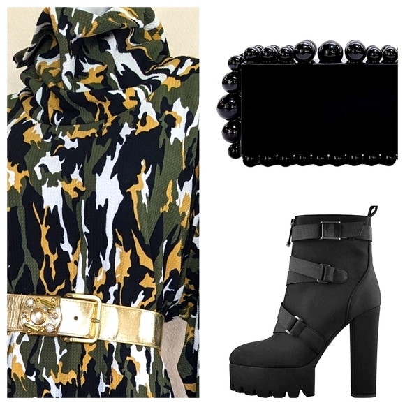 "Ashley Stewart" Camo Drapey Cowl Neck Bodycon Asymmetric Army Fatique Dress - Picture 4 of 15